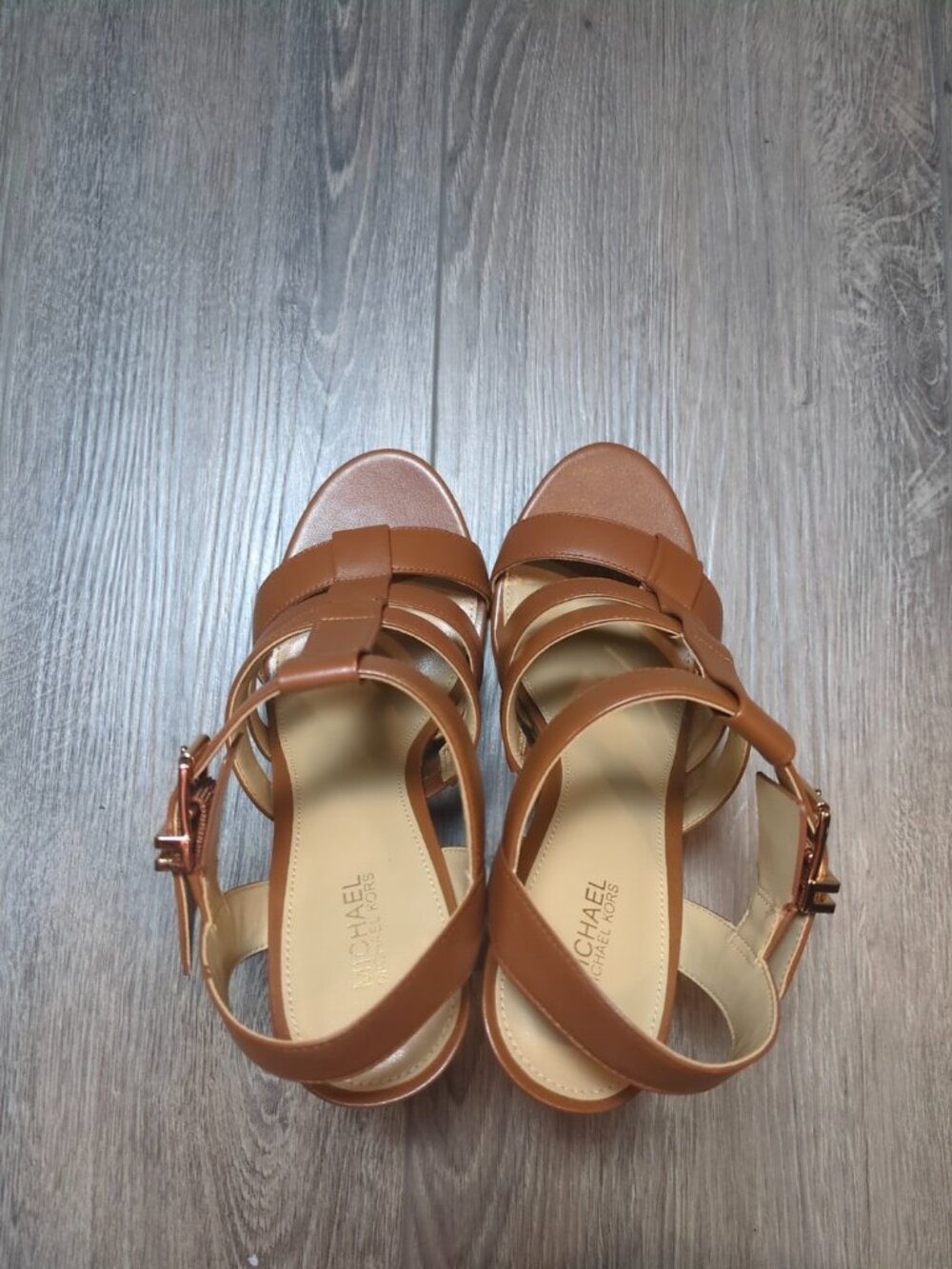 Michael Kors Jagger High Heel Stiletto Strappy Sandal Leather Luggage - Picture 2 of 4